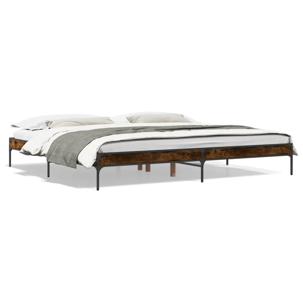 Letto matrimoniale | Letto per adulti | Giroletto Rovere Fumo 200x200 cm in Legno Multistrato e Metallo