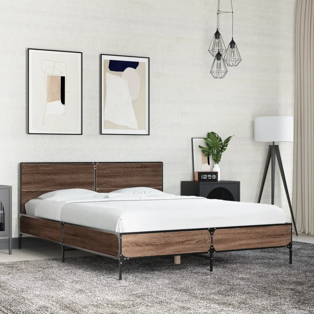 Letto matrimoniale | Letto per adulti | Giroletto Rovere Marrone 120x200cm in Legno Multistrato Metallo - Image 2