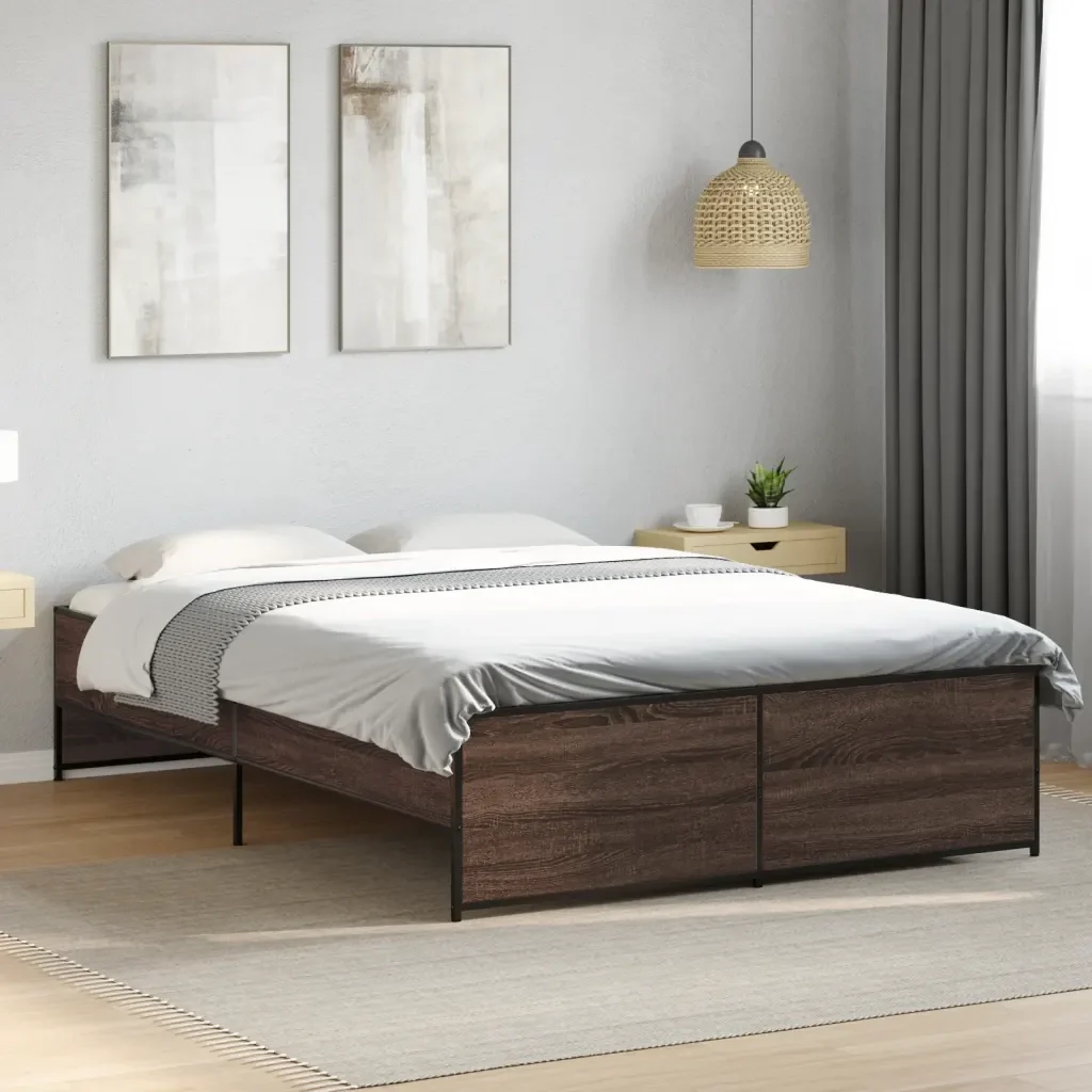 Letto matrimoniale | Letto per adulti | Giroletto Rovere Marrone 140x190cm in Legno Multistrato Metallo - Image 2