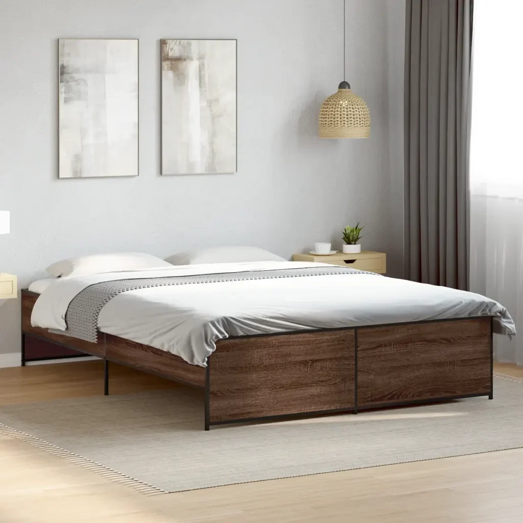 Letto matrimoniale | Letto per adulti | Giroletto Rovere Marrone 150x200cm in Legno Multistrato Metallo - Image 2