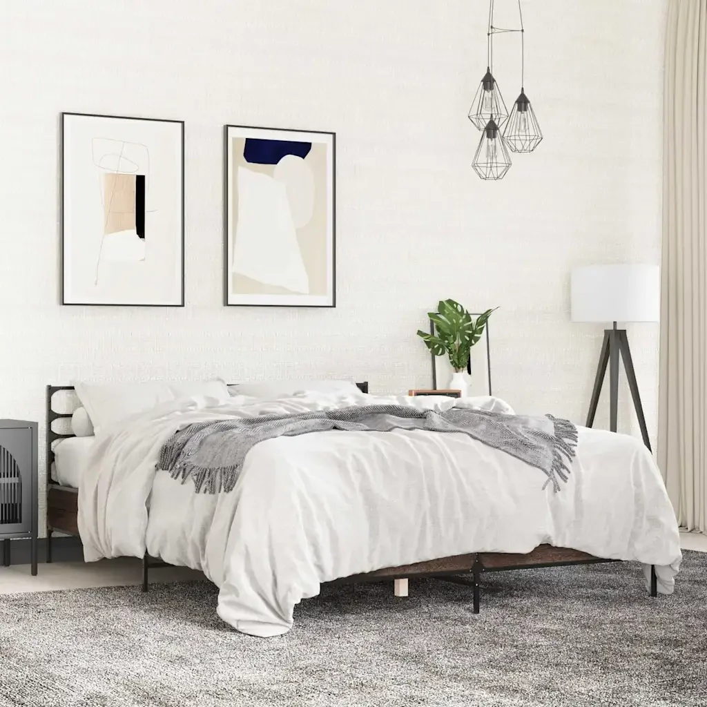 Letto matrimoniale | Letto per adulti | Giroletto Rovere Marrone 150x200cm in Legno Multistrato Metallo - Image 2