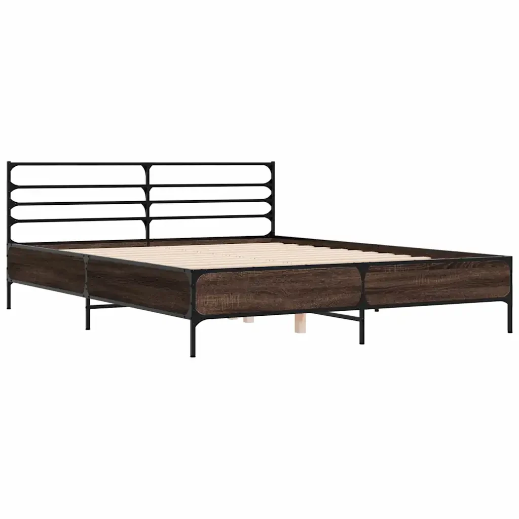 Letto matrimoniale | Letto per adulti | Giroletto Rovere Marrone 150x200cm in Legno Multistrato Metallo - Image 4