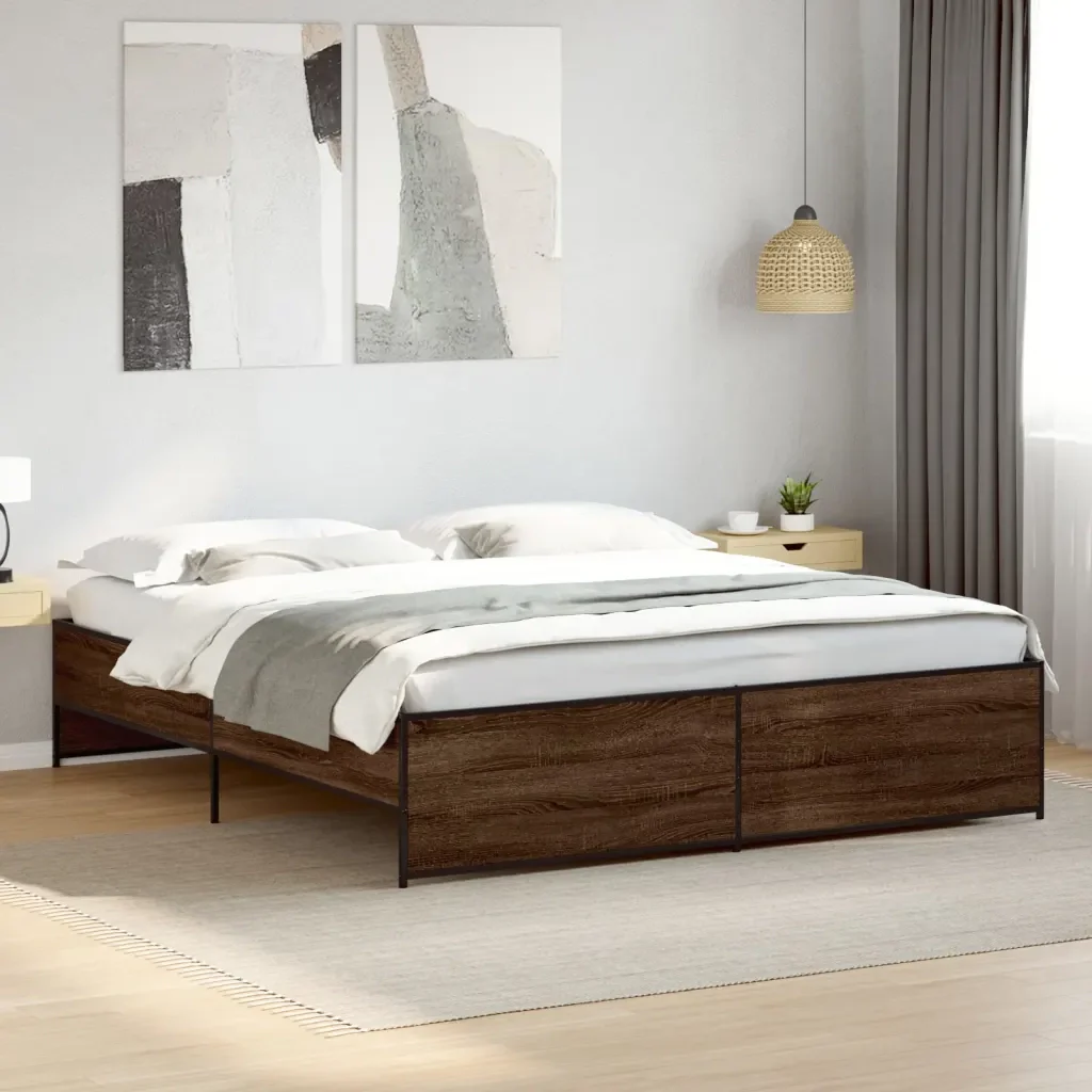 Letto matrimoniale | Letto per adulti | Giroletto Rovere Marrone 200x200cm in Legno Multistrato Metallo - Image 2