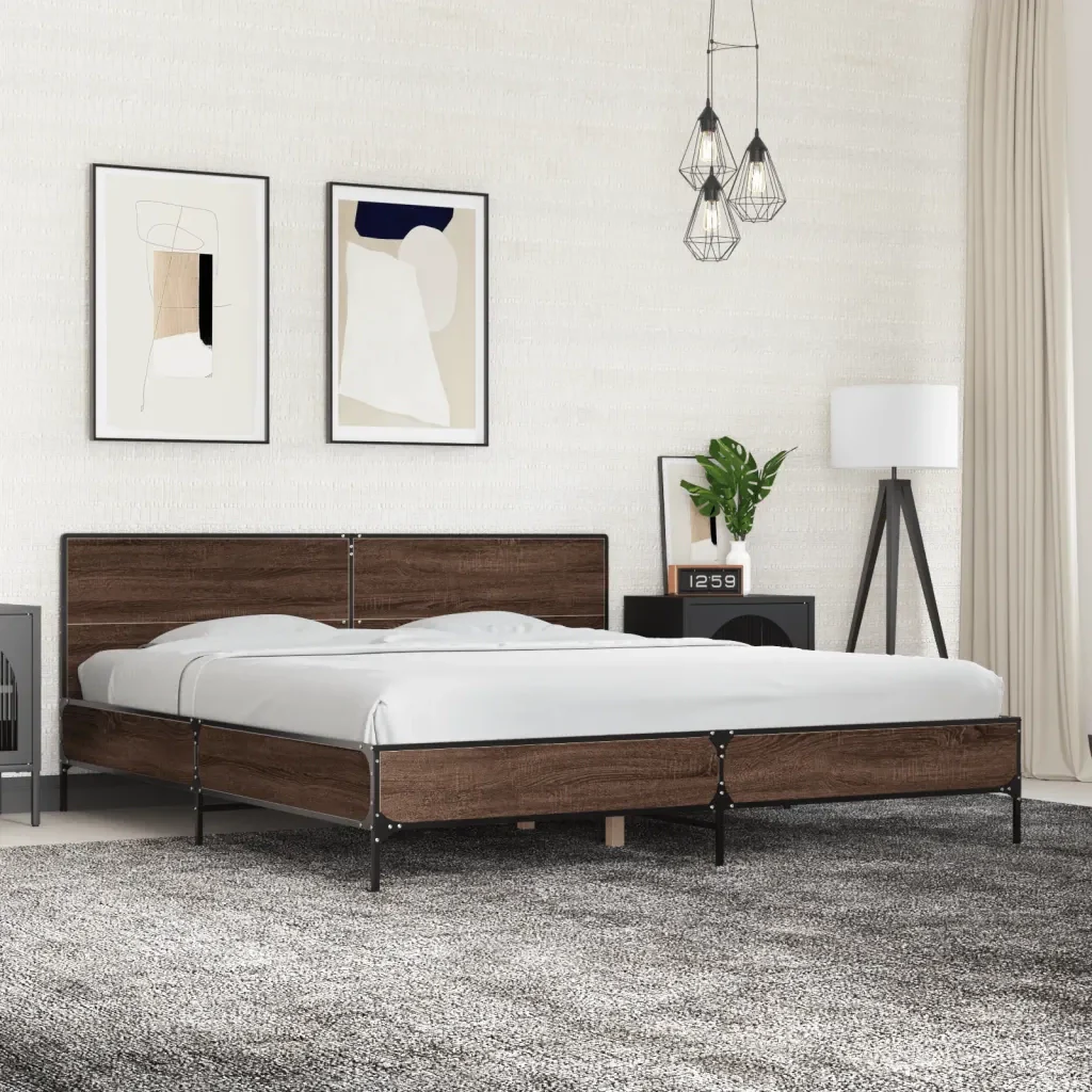 Letto matrimoniale | Letto per adulti | Giroletto Rovere Marrone 200x200cm in Legno Multistrato Metallo - Image 2