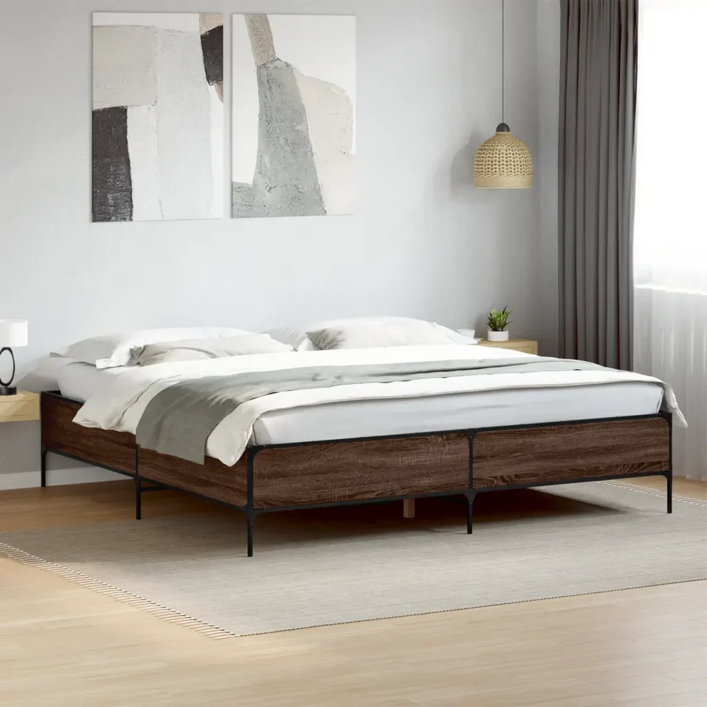 Letto matrimoniale | Letto per adulti | Giroletto Rovere Marrone 200x200cm in Legno Multistrato Metallo - Image 2