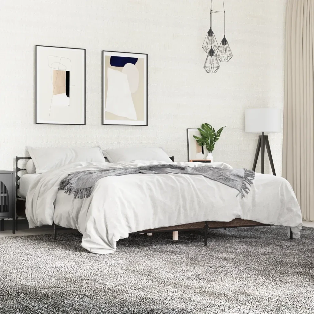 Letto matrimoniale | Letto per adulti | Giroletto Rovere Marrone 200x200cm in Legno Multistrato Metallo - Image 2
