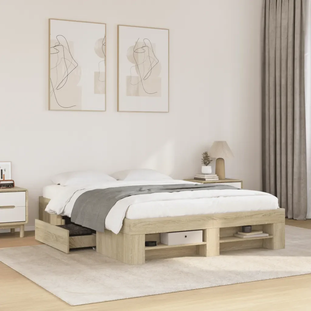 Letto matrimoniale | Letto per adulti | Giroletto Rovere Sonoma 135x190 cm in Legno Multistrato - Image 2