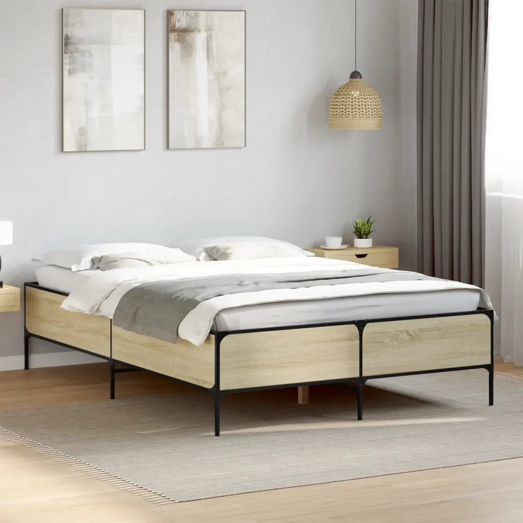 Letto matrimoniale | Letto per adulti | Giroletto Rovere Sonoma 135x190 cm in Legno Multistrato Metallo - Image 2
