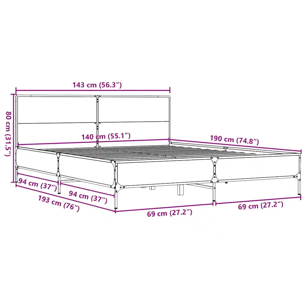 Letto matrimoniale | Letto per adulti | Giroletto Rovere Sonoma 140x190 cm in Legno Multistrato Metallo - Image 9