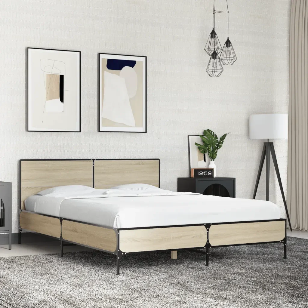Letto matrimoniale | Letto per adulti | Giroletto Rovere Sonoma 140x200 cm in Legno Multistrato Metallo - Image 2