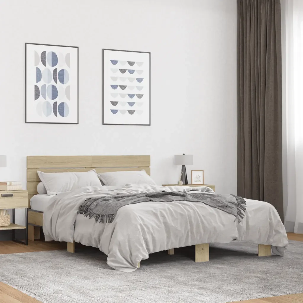Letto matrimoniale | Letto per adulti | Giroletto Rovere Sonoma 140x200 cm in Legno Multistrato Metallo - Image 2