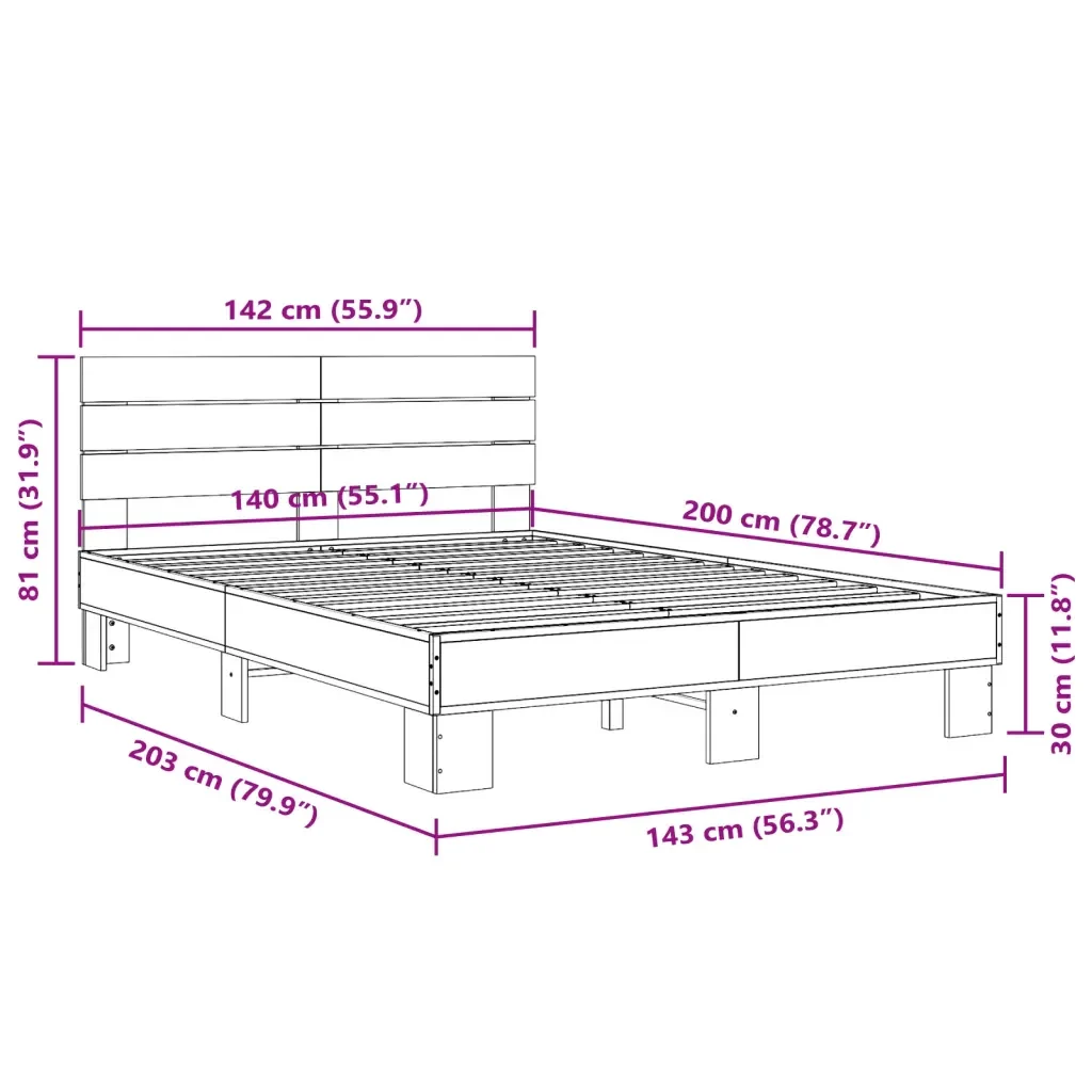 Letto matrimoniale | Letto per adulti | Giroletto Rovere Sonoma 140x200 cm in Legno Multistrato Metallo - Image 9