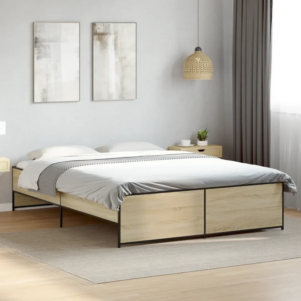 Letto matrimoniale | Letto per adulti | Giroletto Rovere Sonoma 160x200 cm in Legno Multistrato Metallo - Image 2