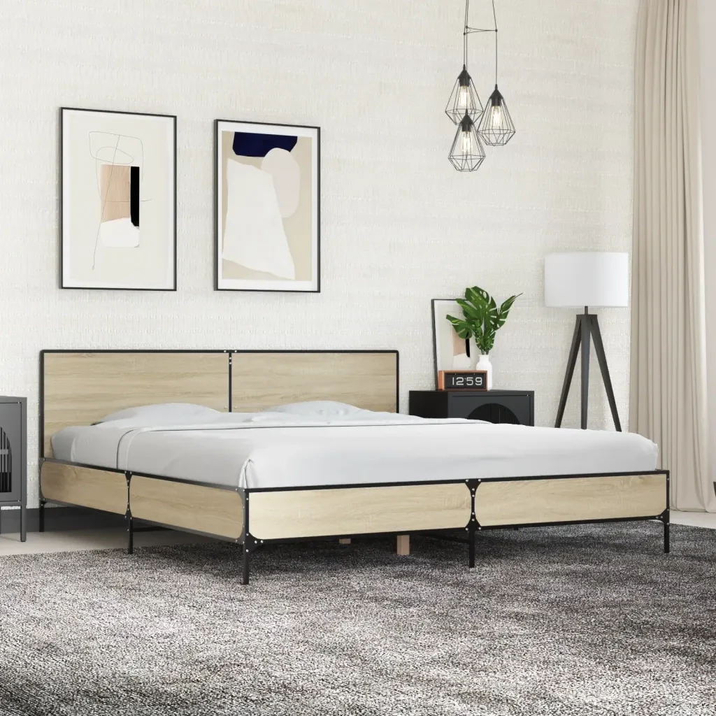 Letto matrimoniale | Letto per adulti | Giroletto Rovere Sonoma 200x200 cm Legno Multistrato e Metallo - Image 2