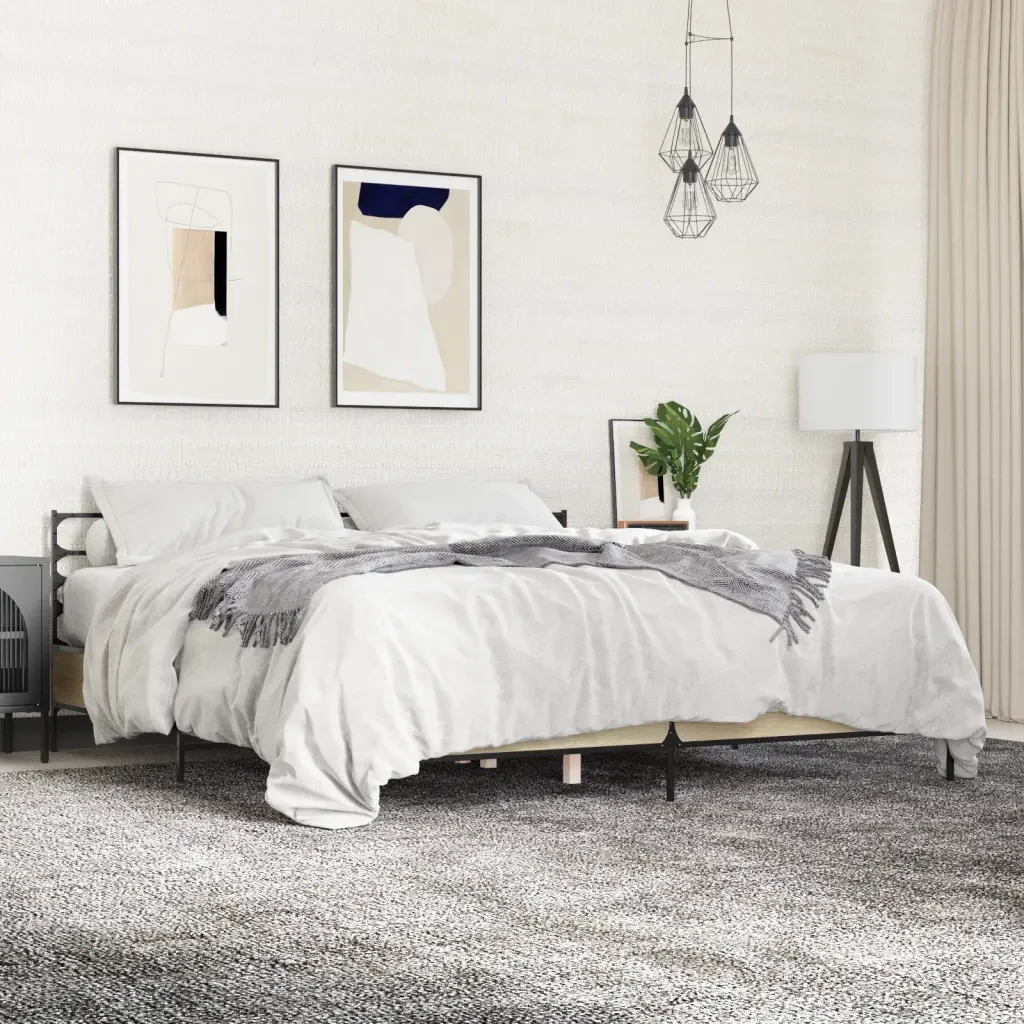 Letto matrimoniale | Letto per adulti | Giroletto Rovere Sonoma 200x200 cm Legno Multistrato e Metallo - Image 2