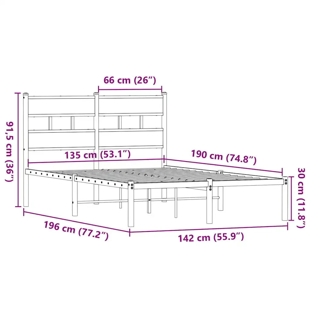 Letto matrimoniale | Letto per adulti | Giroletto senza Materaso in Metallo Rovere Fumo 135x190 cm - Image 9