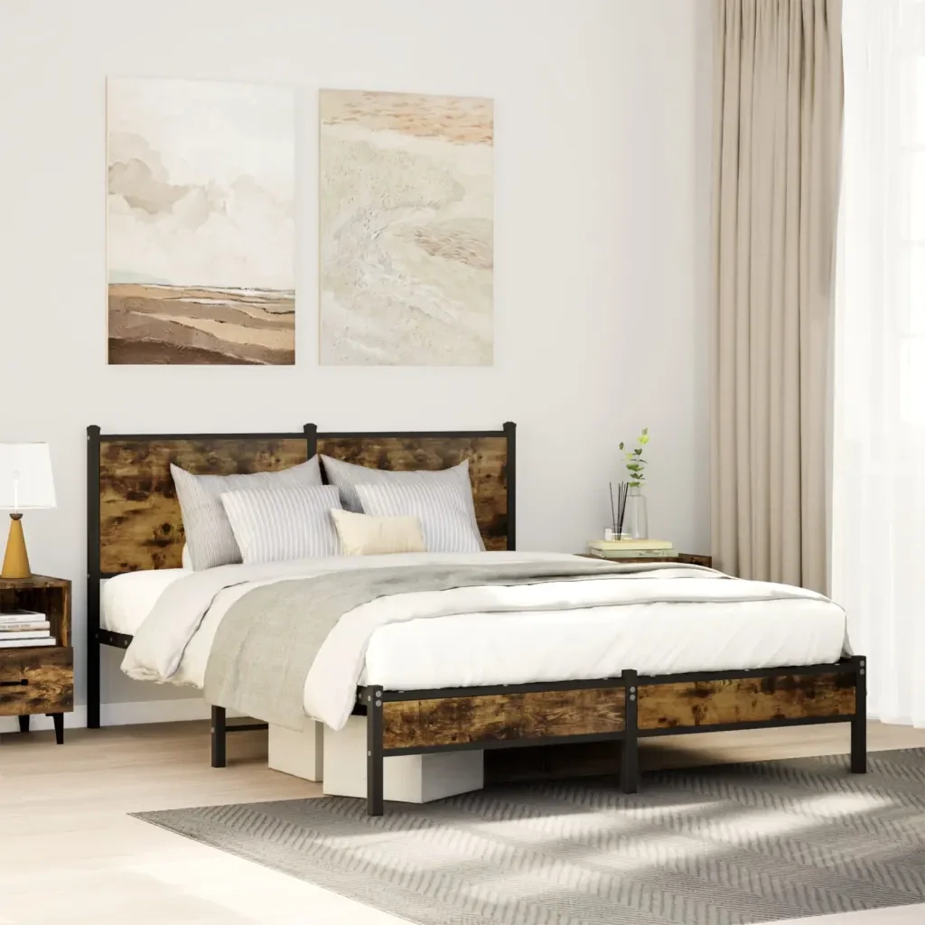 Letto matrimoniale | Letto per adulti | Giroletto senza Materaso in Metallo Rovere Fumo 137x190 cm - Image 2