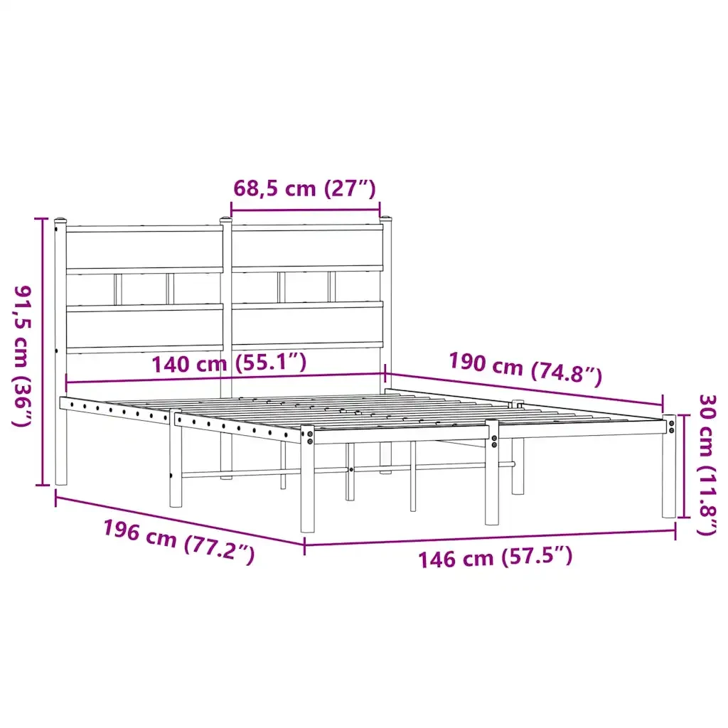 Letto matrimoniale | Letto per adulti | Giroletto senza Materaso in Metallo Rovere Fumo 140x190 cm - Image 9