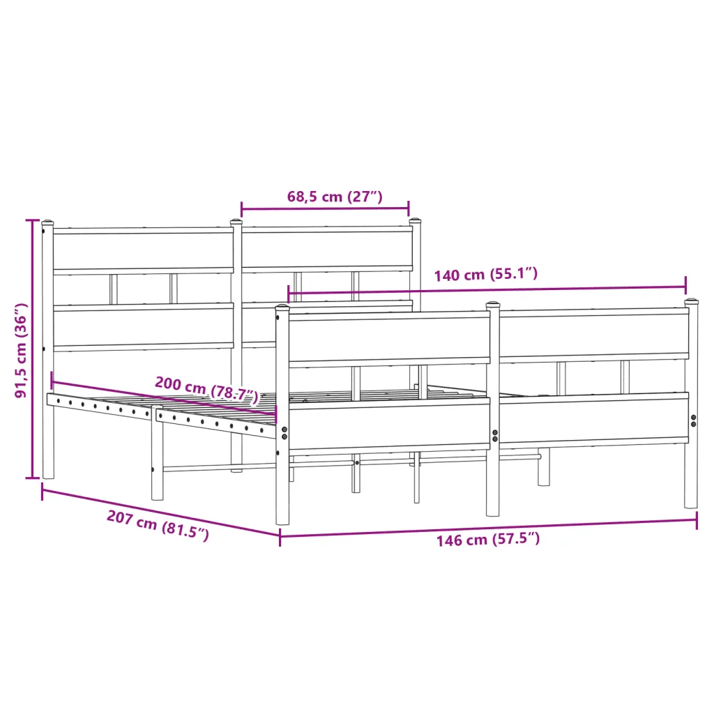 Letto matrimoniale | Letto per adulti | Giroletto senza Materaso in Metallo Rovere Fumo 140x200 cm - Image 9
