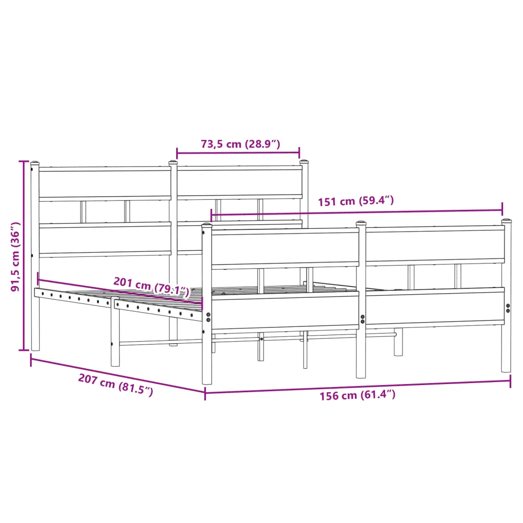 Letto matrimoniale | Letto per adulti | Giroletto senza Materaso in Metallo Rovere Fumo 150x200 cm - Image 9