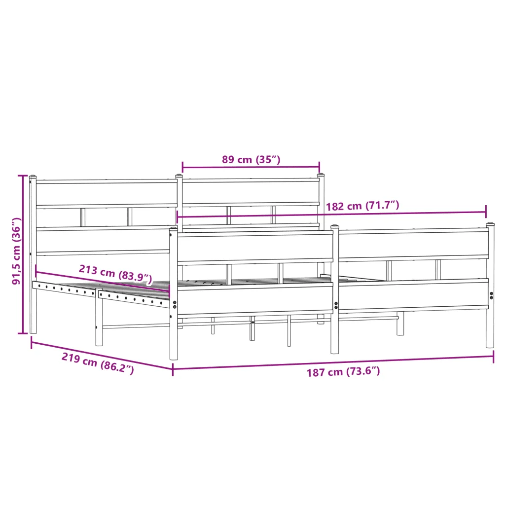 Letto matrimoniale | Letto per adulti | Giroletto senza Materaso in Metallo Rovere Fumo 183x213 cm - Image 9