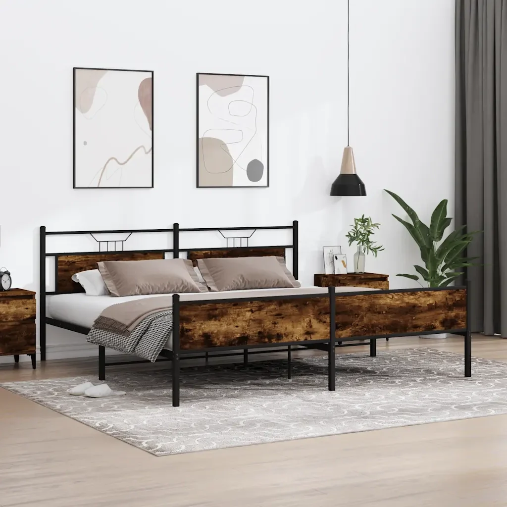 Letto matrimoniale | Letto per adulti | Giroletto senza Materaso in Metallo Rovere Fumo 193x201 cm - Image 2