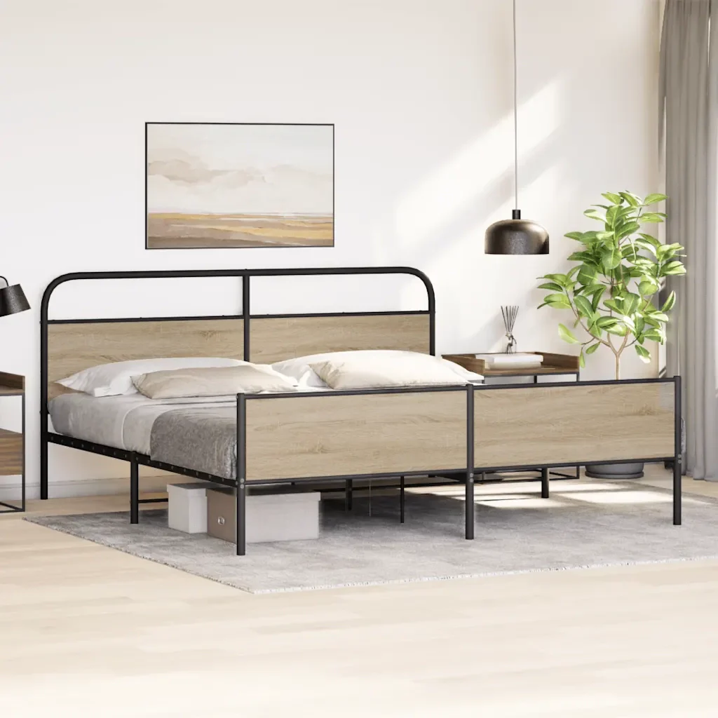 Letto matrimoniale | Letto per adulti | Giroletto senza Materaso in Metallo Rovere Fumo 193x203 cm - Image 4