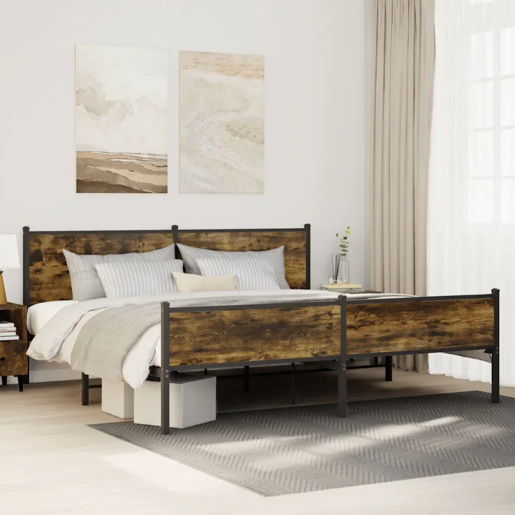 Letto matrimoniale | Letto per adulti | Giroletto senza Materaso in Metallo Rovere Fumo 193x203 cm - Image 2
