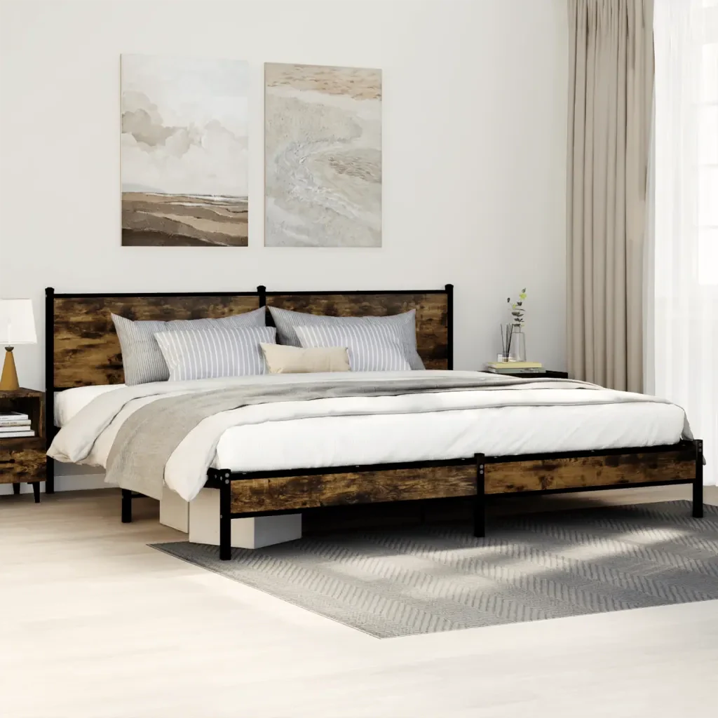 Letto matrimoniale | Letto per adulti | Giroletto senza Materaso in Metallo Rovere Fumo 200x200 cm - Image 2