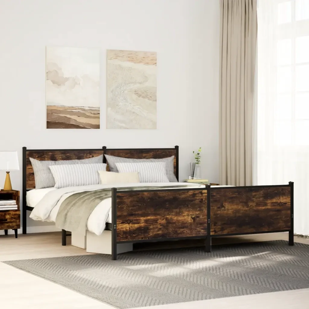 Letto matrimoniale | Letto per adulti | Giroletto senza Materaso in Metallo Rovere Fumo 200x200 cm - Image 2