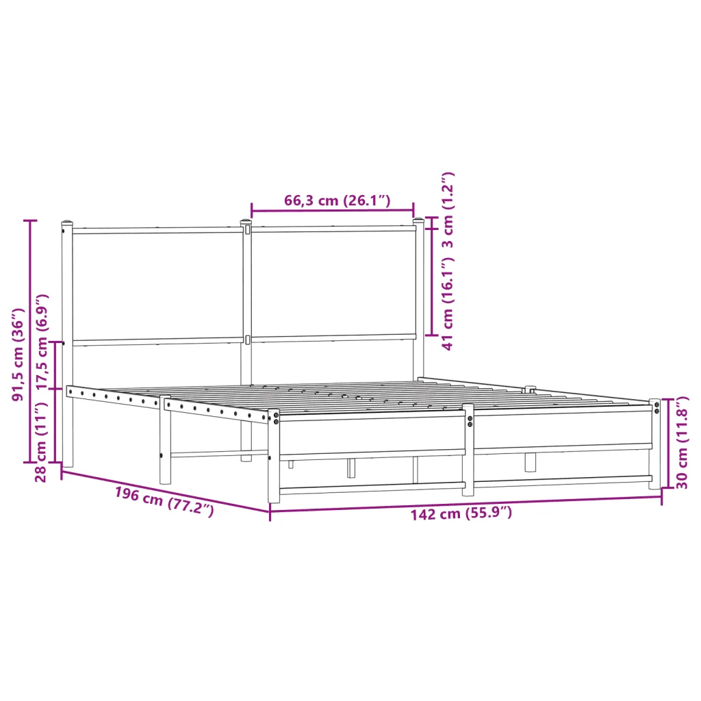 Letto matrimoniale | Letto per adulti | Giroletto senza Materaso in Metallo Rovere Marrone 137x190 cm - Image 10