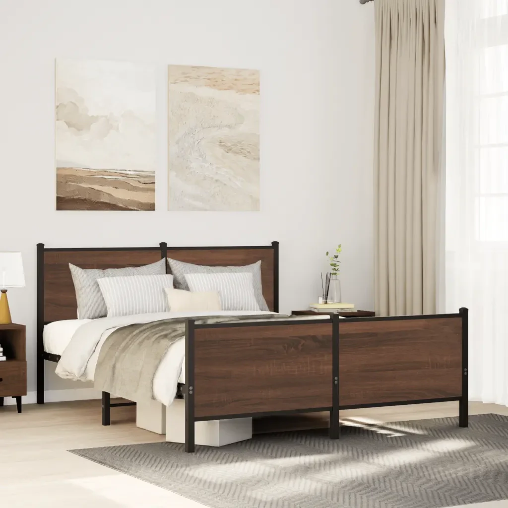 Letto matrimoniale | Letto per adulti | Giroletto senza Materaso in Metallo Rovere Marrone 150x200 cm - Image 2