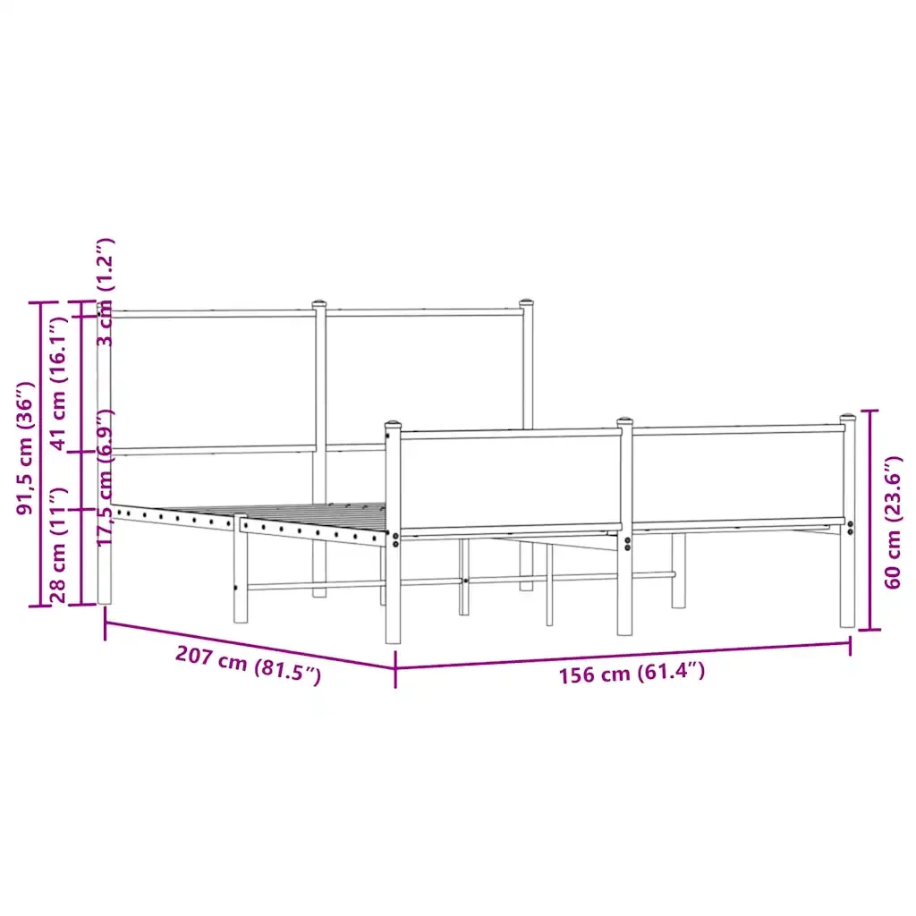 Letto matrimoniale | Letto per adulti | Giroletto senza Materaso in Metallo Rovere Marrone 150x200 cm - Image 10