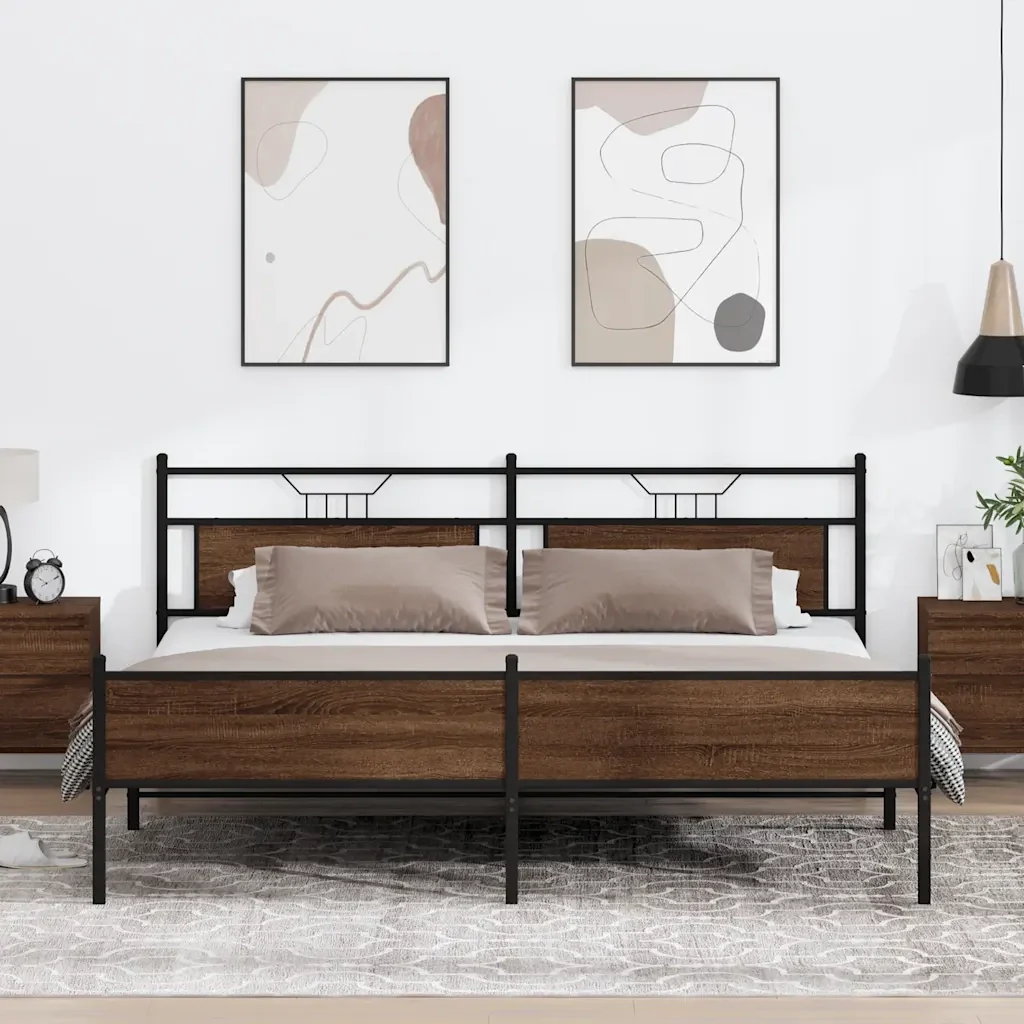 Letto matrimoniale | Letto per adulti | Giroletto senza Materaso in Metallo Rovere Marrone 193x201 cm - Image 2