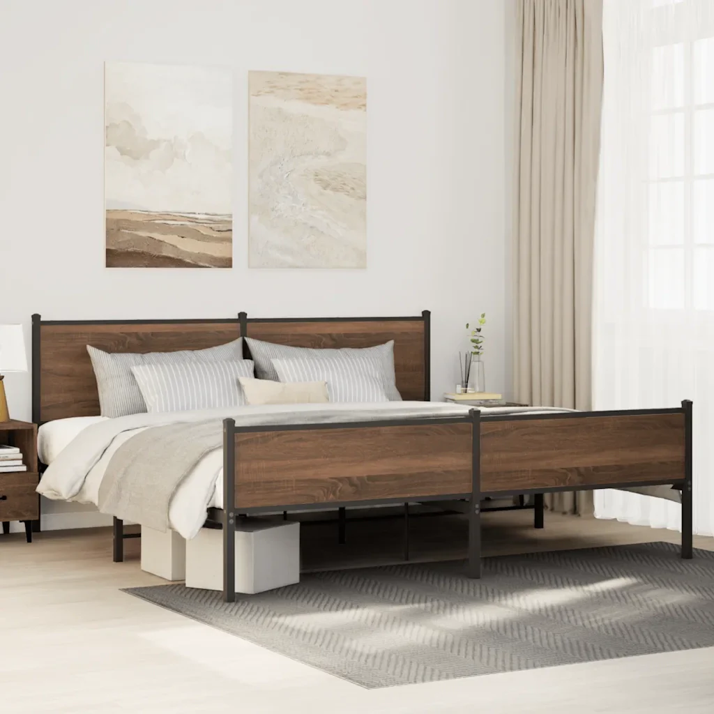 Letto matrimoniale | Letto per adulti | Giroletto senza Materaso in Metallo Rovere Marrone 193x203 cm - Image 2