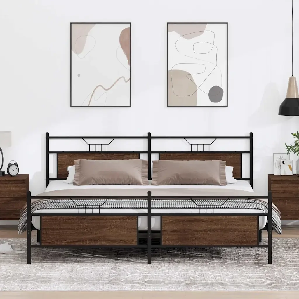 Letto matrimoniale | Letto per adulti | Giroletto senza Materaso in Metallo Rovere Marrone 200x200 cm - Image 2