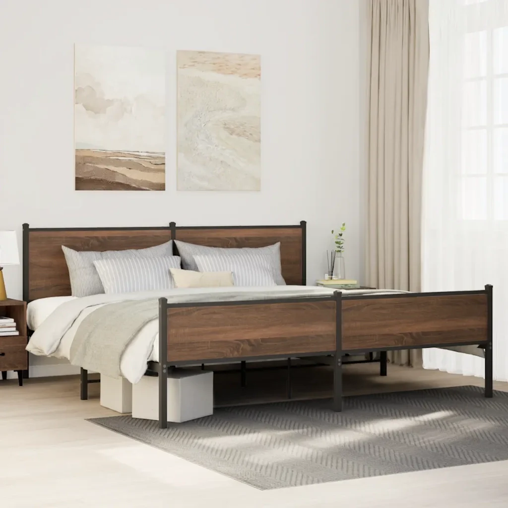 Letto matrimoniale | Letto per adulti | Giroletto senza Materaso in Metallo Rovere Marrone 200x200 cm - Image 2