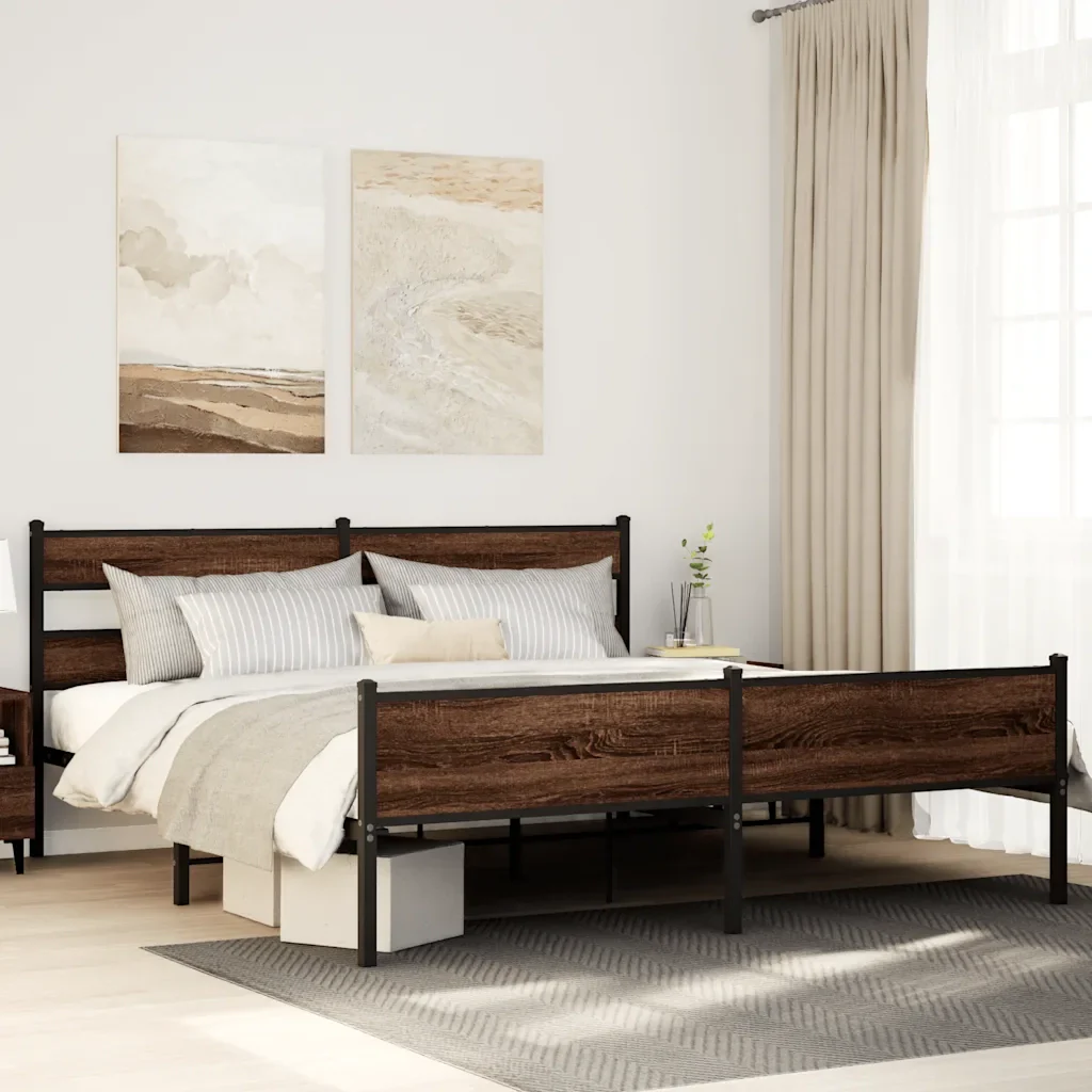 Letto matrimoniale | Letto per adulti | Giroletto senza Materaso in Metallo Rovere Marrone 200x200 cm - Image 2