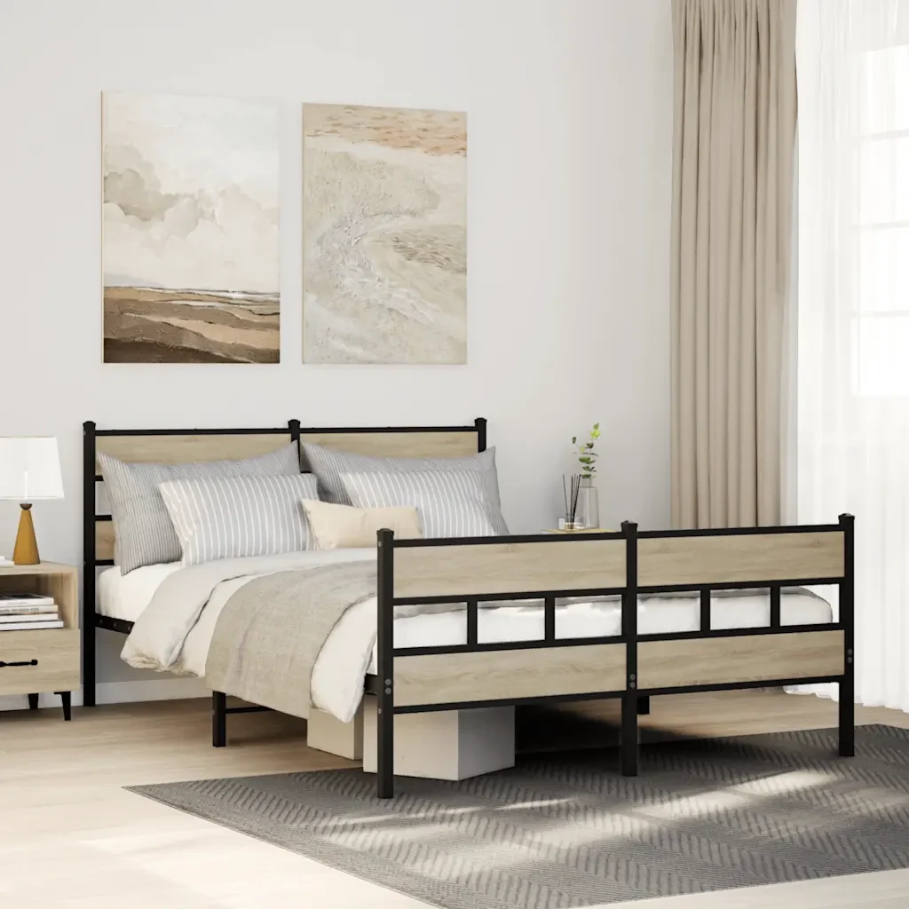 Letto matrimoniale | Letto per adulti | Giroletto senza Materaso in Metallo Rovere Sonoma 135x190 cm - Image 2