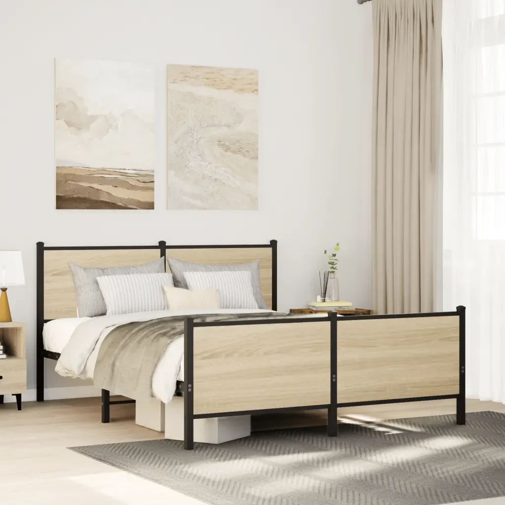 Letto matrimoniale | Letto per adulti | Giroletto senza Materaso in Metallo Rovere Sonoma 137x190 cm - Image 2
