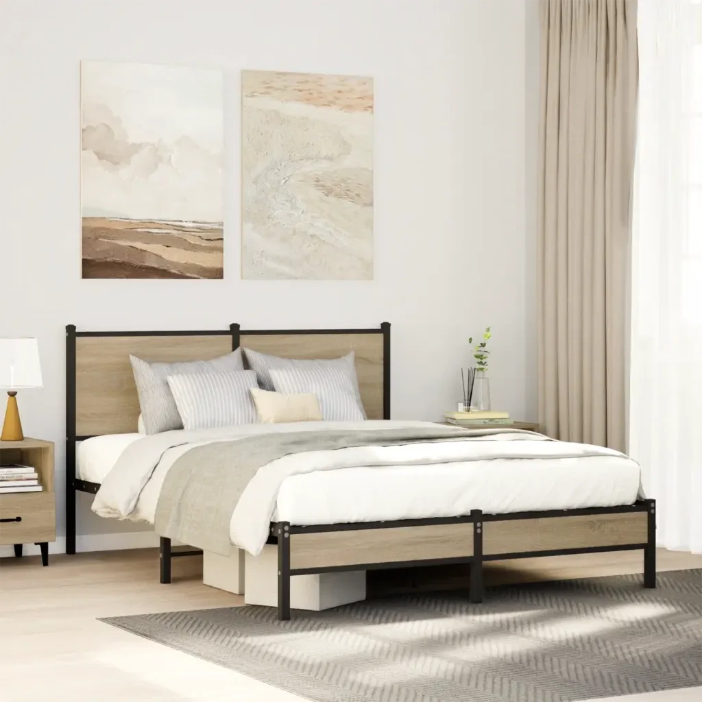 Letto matrimoniale | Letto per adulti | Giroletto senza Materaso in Metallo Rovere Sonoma 140x190 cm - Image 2