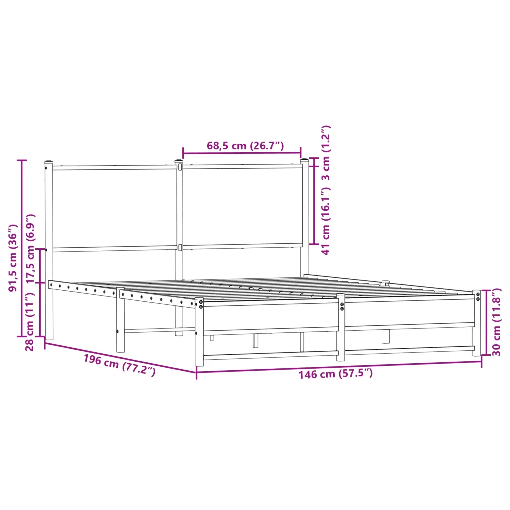Letto matrimoniale | Letto per adulti | Giroletto senza Materaso in Metallo Rovere Sonoma 140x190 cm - Image 10