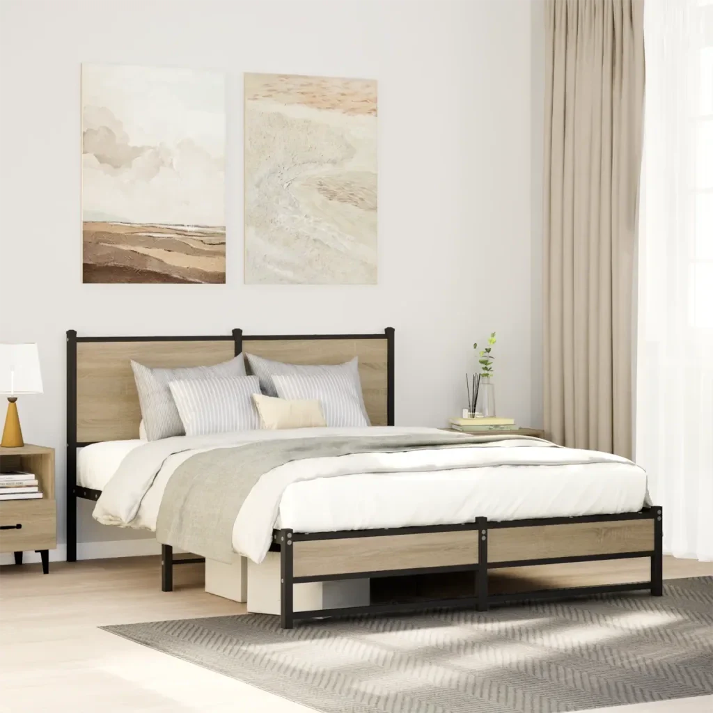 Letto matrimoniale | Letto per adulti | Giroletto senza Materaso in Metallo Rovere Sonoma 140x190 cm - Image 2