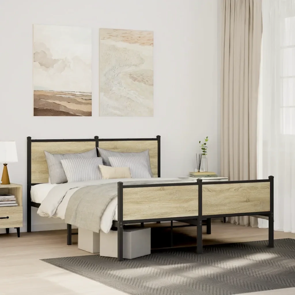 Letto matrimoniale | Letto per adulti | Giroletto senza Materaso in Metallo Rovere Sonoma 140x190 cm - Image 2