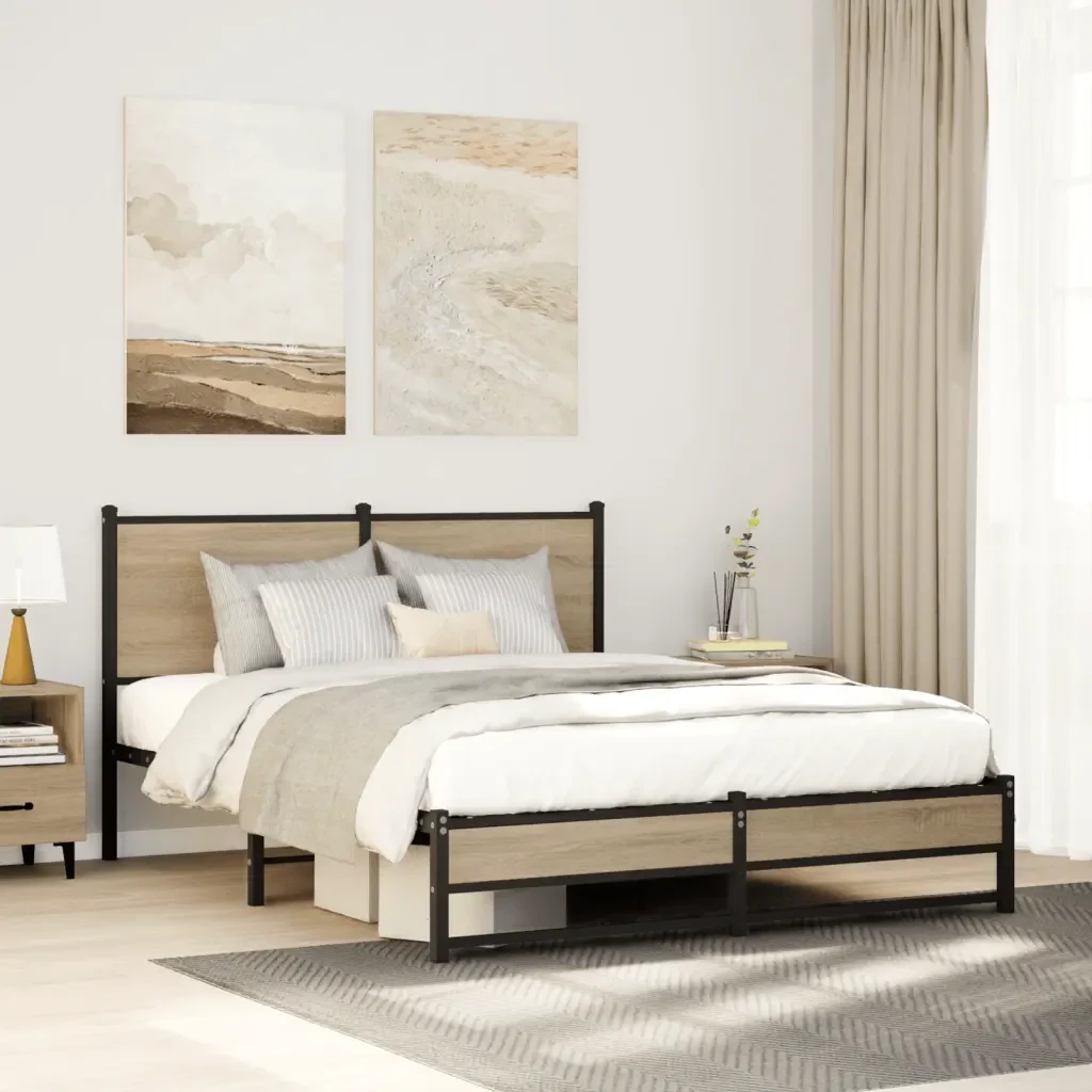Letto matrimoniale | Letto per adulti | Giroletto senza Materaso in Metallo Rovere Sonoma 140x200 cm - Image 2