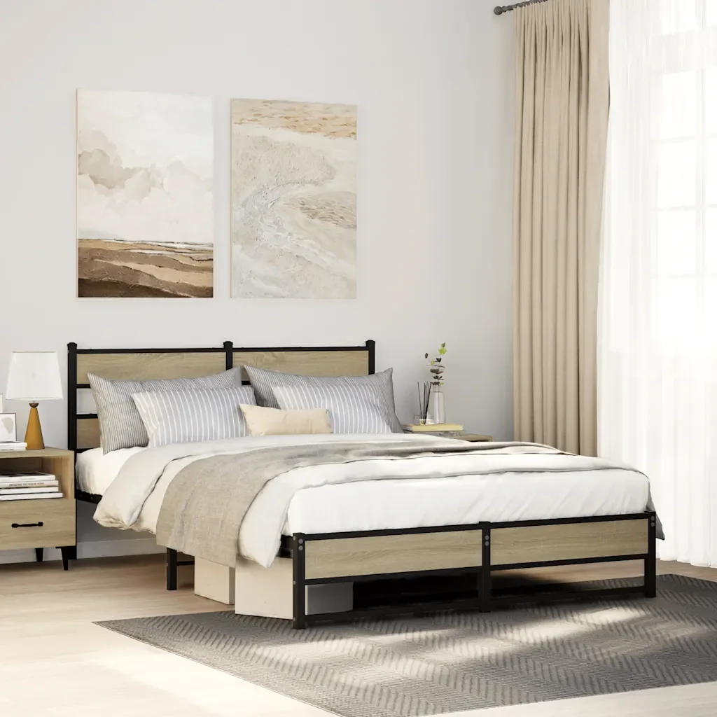 Letto matrimoniale | Letto per adulti | Giroletto senza Materaso in Metallo Rovere Sonoma 140x200 cm - Image 2