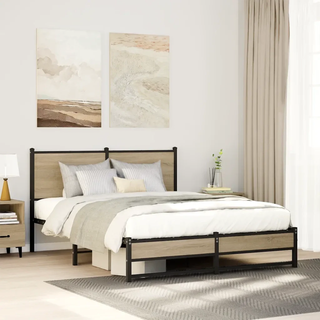 Letto matrimoniale | Letto per adulti | Giroletto senza Materaso in Metallo Rovere Sonoma 150x200 cm - Image 2