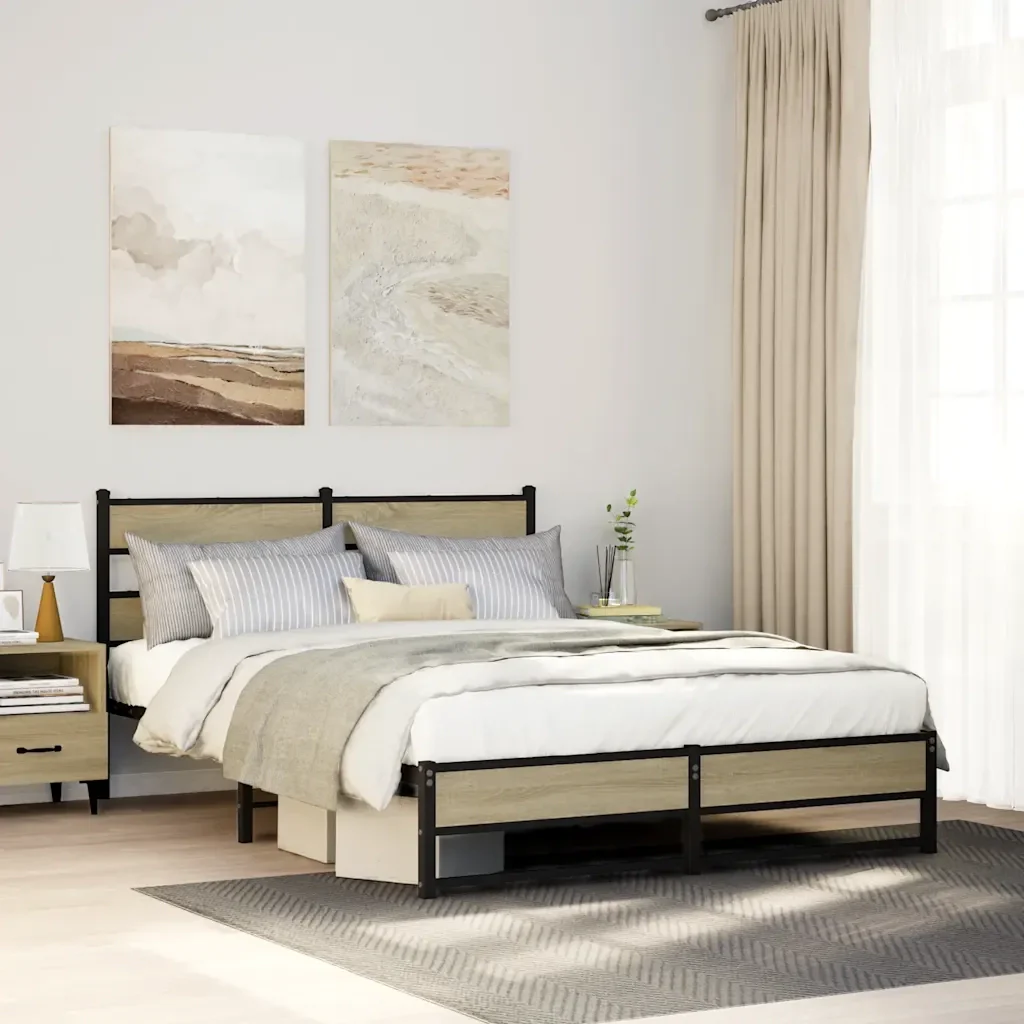 Letto matrimoniale | Letto per adulti | Giroletto senza Materaso in Metallo Rovere Sonoma 150x200 cm - Image 2