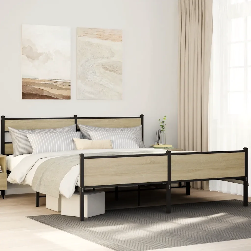 Letto matrimoniale | Letto per adulti | Giroletto senza Materaso in Metallo Rovere Sonoma 180x200 cm - Image 2