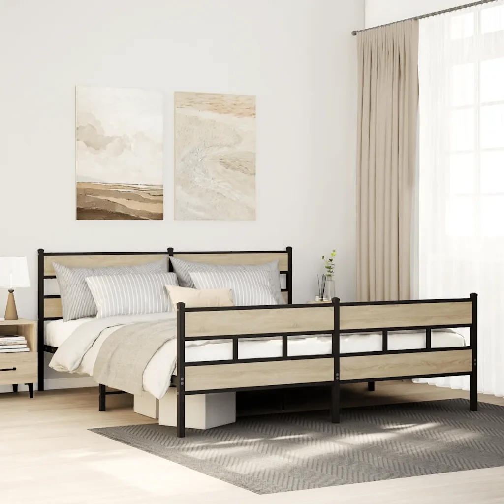 Letto matrimoniale | Letto per adulti | Giroletto senza Materaso in Metallo Rovere Sonoma 180x200 cm - Image 2